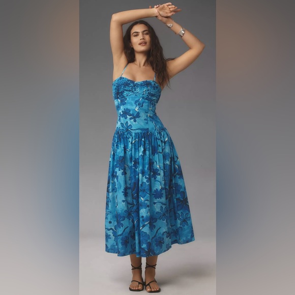 Moon River Shirred Drop-Waist Midi Dress Size Medium - Picture 2 of 14